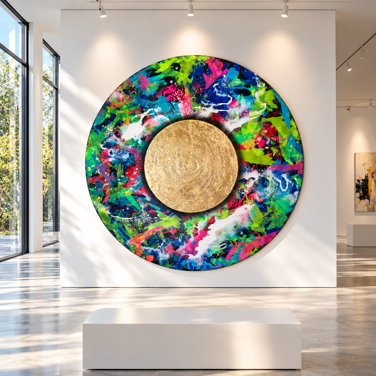 Große runde bunte abstrakte Kunst mit einem goldfarbenen, strukturierten inneren Kreis, ausgestellt an einer weißen Wand in einer modernen, lichtdurchfluteten Galerie mit großem Fenster und weißem Sitzblock.